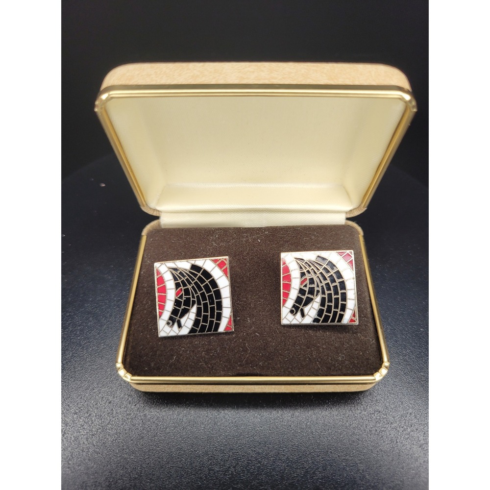 SWANK Square Horse Head Mosaic Cufflinks Black White Red Silver Tone With Box